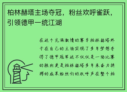 柏林赫塔主场夺冠，粉丝欢呼雀跃，引领德甲一统江湖