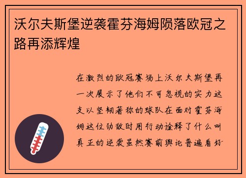沃尔夫斯堡逆袭霍芬海姆陨落欧冠之路再添辉煌
